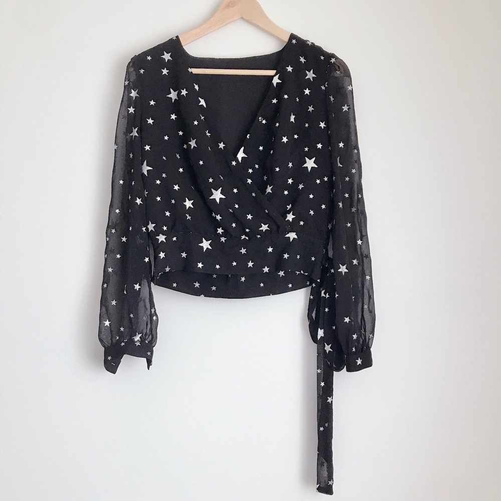 Grace Chow Black Star Patterned Wrap Crop Top - S